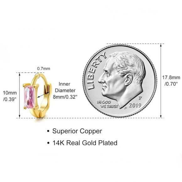 14K Yellow Gold with Pink Sapphire Cubic Zirconia Baguette Cut Huggie Earrings - Picture 7 of 7